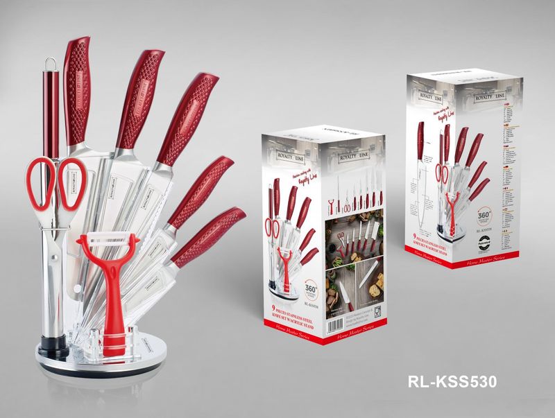 Royalty Line RL-KSS530: 9 Piece Knife Set Block with Rotating Holder - Red