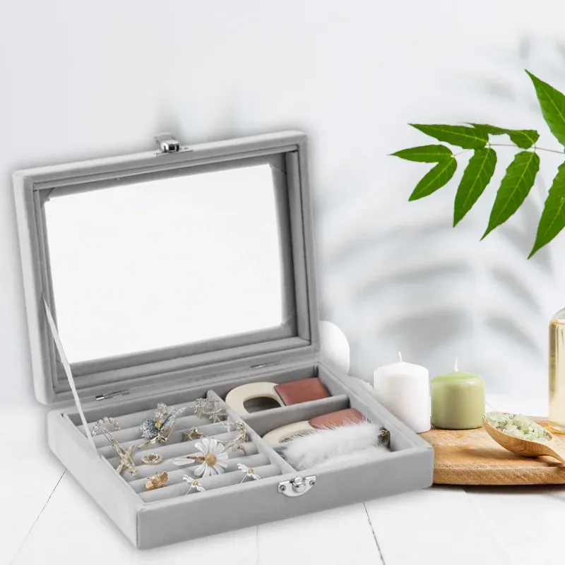 Herzberg HG-05330: Velvet Jewelry Organizer with Glass Lid, 3 Grids + 7 Ring Slots
