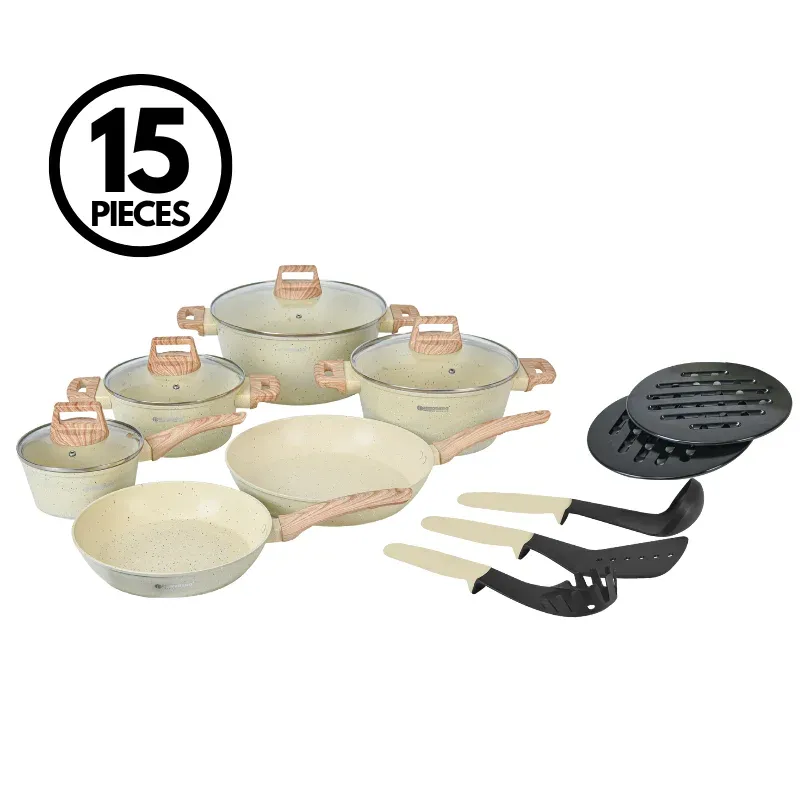 Herzberg HG-WDBEJ15 15-Piece Granite Cookware Set with Wood Accent Handles – Beige