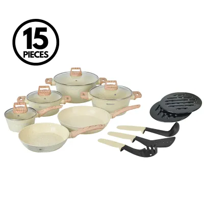 Herzberg HG-WDBEJ15 15-Piece Granite Cookware Set with Wood Accent Handles – Beige Herzberg HG-WDBEJ15 15-Piece Granite Cookware Set with Wood Accent Handles – Beige