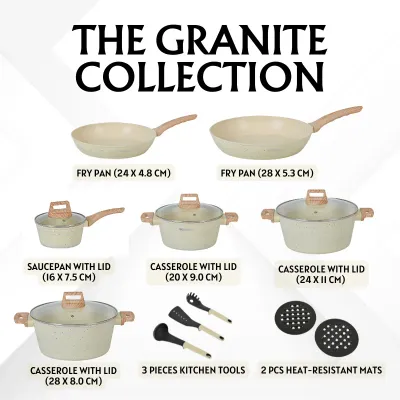 Herzberg HG-WDBEJ15: 15 Pieces Granite Coated with Wood Accent Handle - Biege