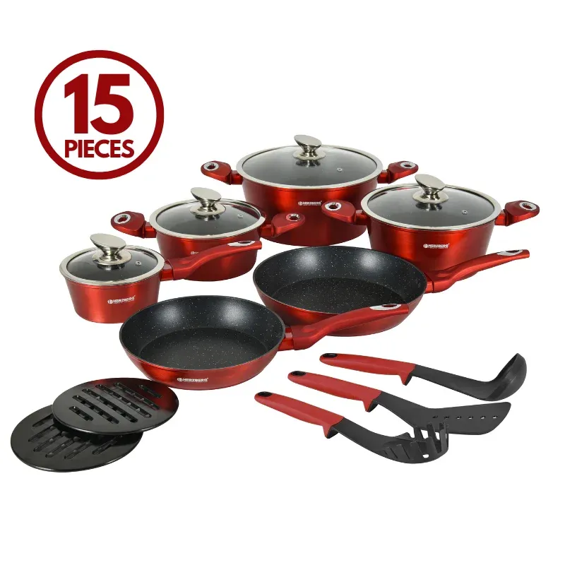 Herzberg HG-METRD15: 15 Pieces Marble Coated Cookware Set - Red