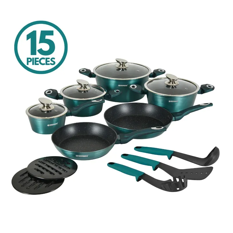 Herzberg HG-METBL15: 15 Pieces Marble Coated Cookware Set - Blue