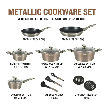 Herzberg HG-METCR15: 15 Pieces Marble Coated Cookware Set - Carbon