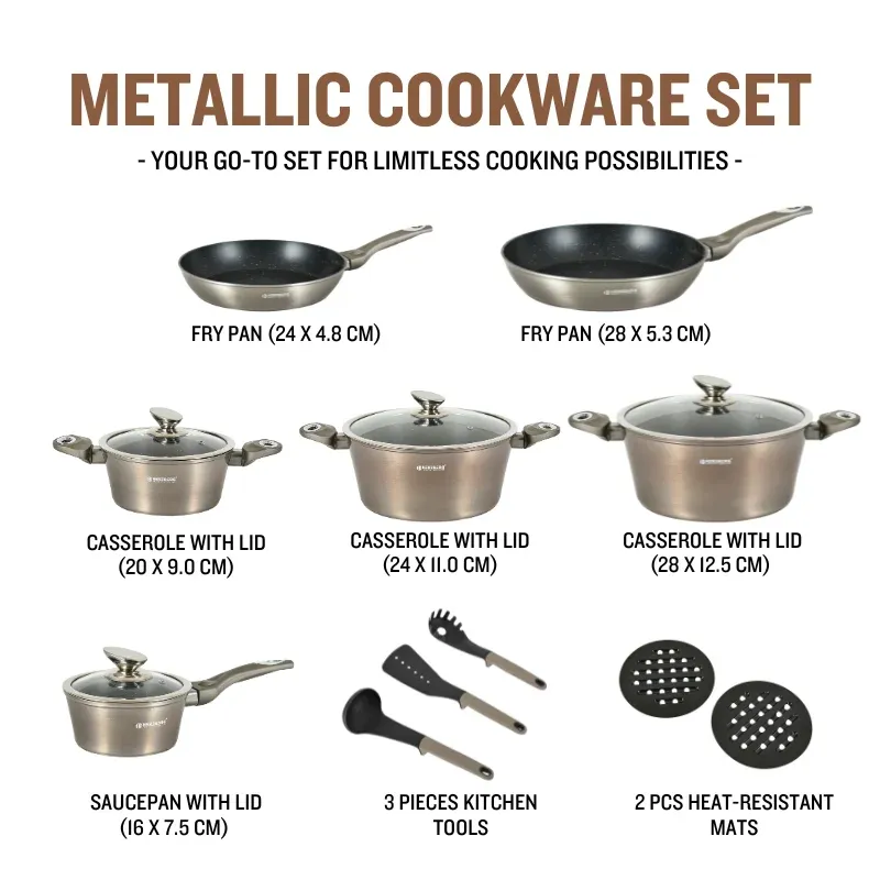 Herzberg HG-METCR15: 15 Pieces Marble Coated Cookware Set - Carbon