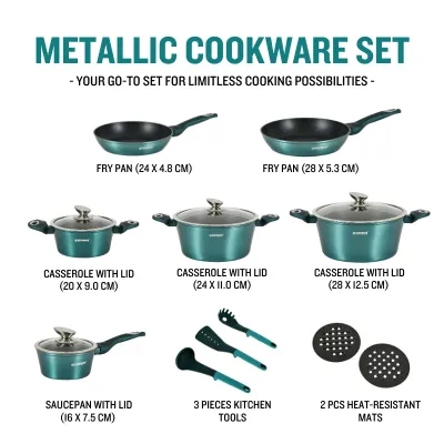 Herzberg HG-METBL15: 15 Pieces Marble Coated Cookware Set - Blue