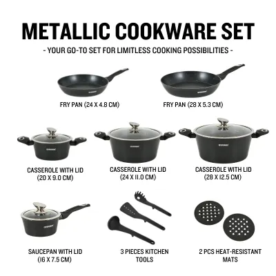 Herzberg HG-METBK15: 15 Pieces Marble Coated Cookware Set - Black