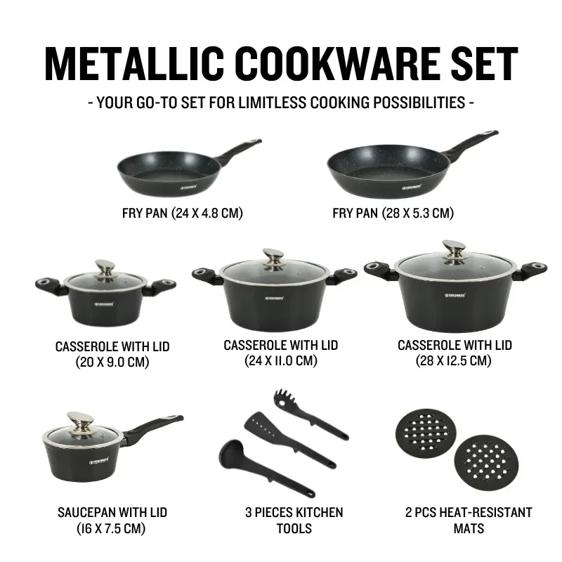 Herzberg HG-METBK15: 15 Pieces Marble Coated Cookware Set - Black