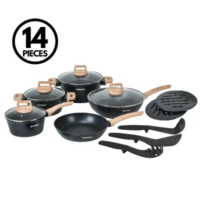 Herzberg HG-WDMRB14: 14 Pieces Granite Coated with Wood Accent Handle - Black