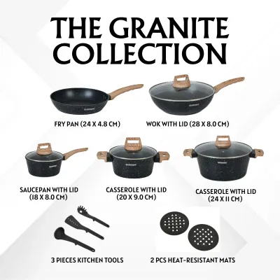 Herzberg HG-WDMRB14: 14 Pieces Granite Coated with Wood Accent Handle - Black