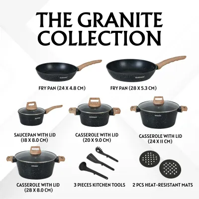 Herzberg HG-WDMRB15: 15 Pieces Granite Coated with Wood Accent Handle - Black