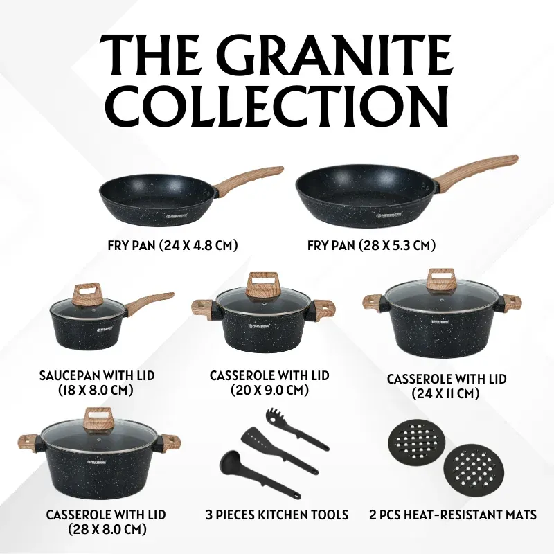 Herzberg HG-WDMRB15: 15 Pieces Granite Coated with Wood Accent Handle - Black