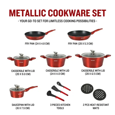 Herzberg HG-METRD15: 15 Pieces Marble Coated Cookware Set - Red