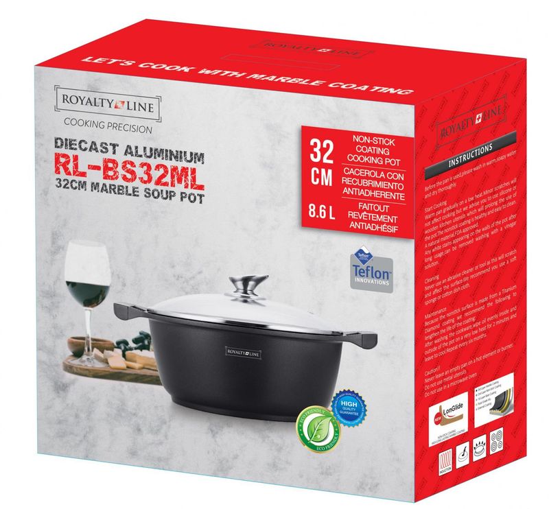 Royalty Line RL-BS32M: Marble Coated Cooking Pot &amp; Casserole - 32cm Black
