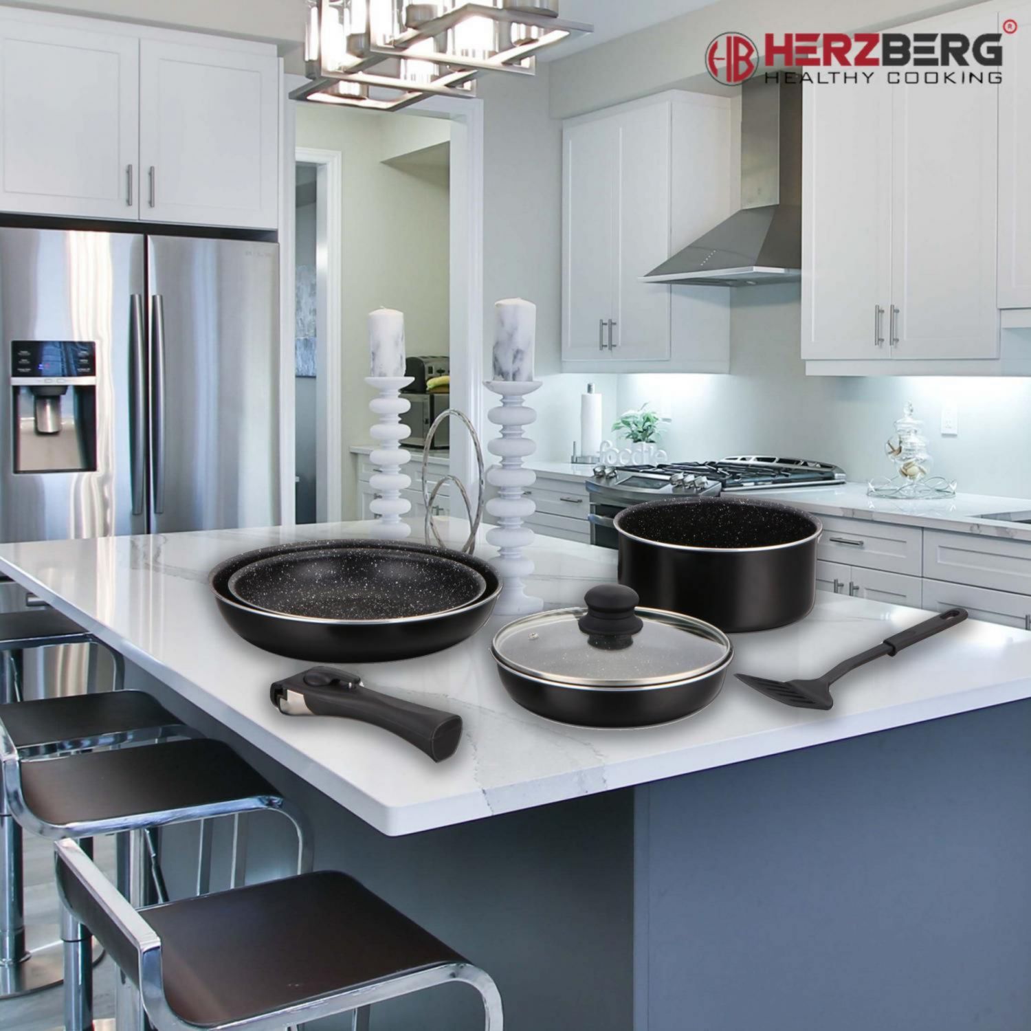 Herzberg HG-8090-7BK: 7-Pieces Marble Coated Cookware Set
