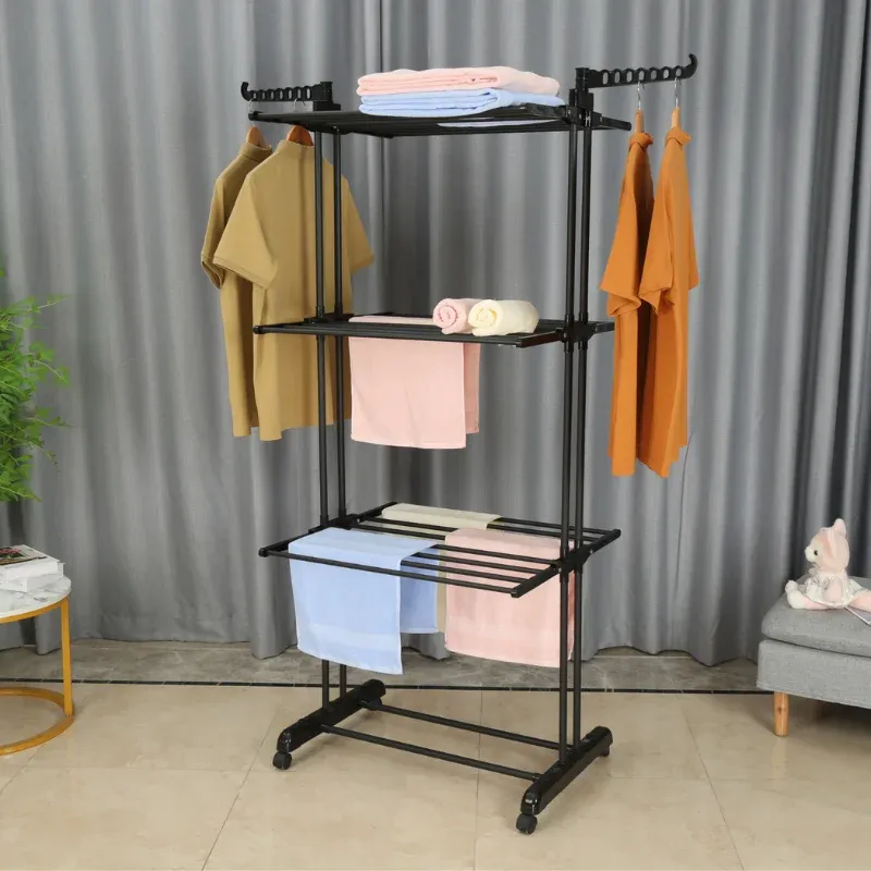 Herzberg HG-8034BB Moving Clothes Rack - 6 Foldable Shelves, 14 Hanger Slots Black