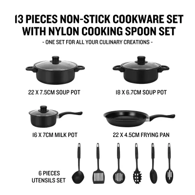 Herzberg HG-04241: 13 Pieces Non-Stick Cookware Set with Nylon Cooking Spoon Set