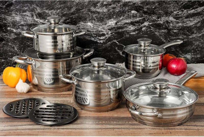 18 pcs pot set, cookware set, silver, thermo-knob, stainless steel, glass lids, Royalty Line 1802