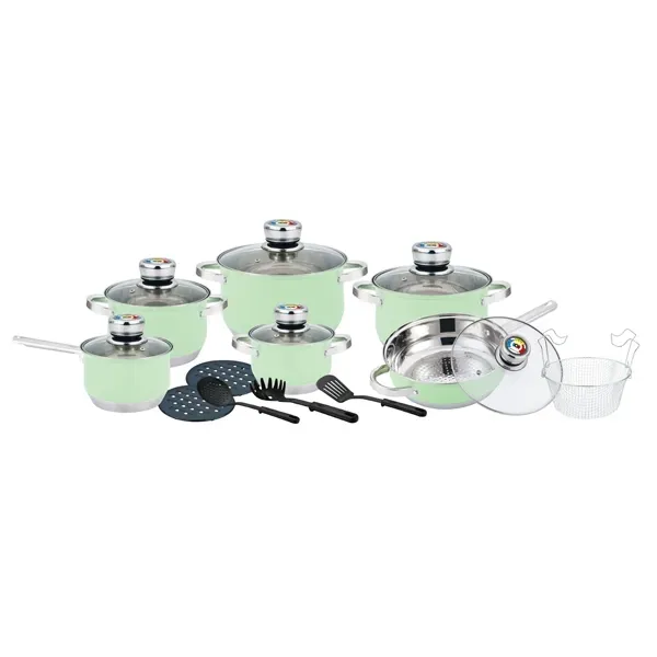 18 pcs cookware set green stainless steel glass lids Herenthal 1801BP