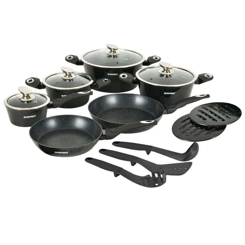 Herzberg HG-METBK15: 15 Pieces Marble Coated Cookware Set - Black