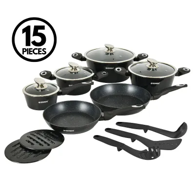 Herzberg HG-METBK15 15-Piece Marble Coated Cookware Set - Black Herzberg HG-METBK15 15-Piece Marble Coated Cookware Set - Black
