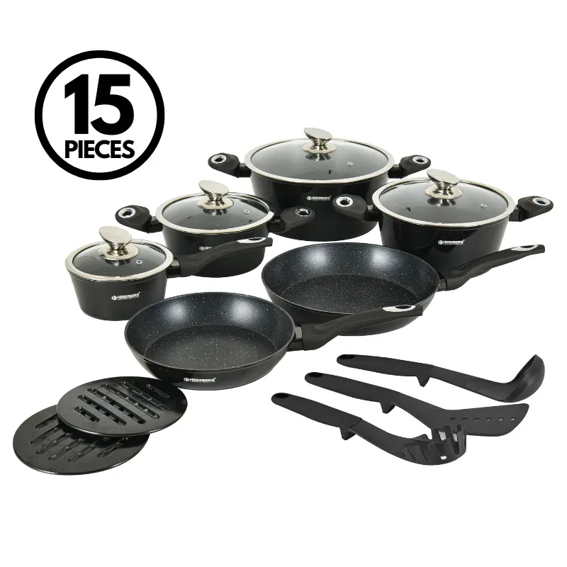 Herzberg HG-METBK15 15-Piece Marble Coated Cookware Set - Black