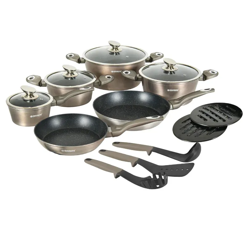 Herzberg HG-METCR15: 15 Pieces Marble Coated Cookware Set - Carbon