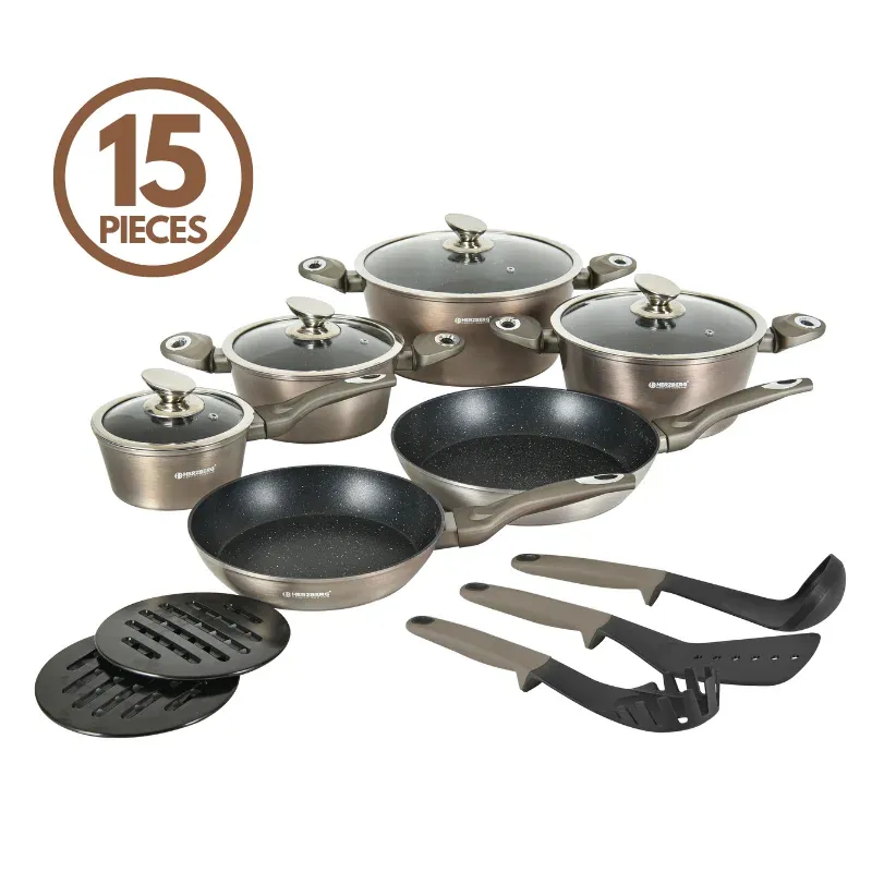 Herzberg HG-METCR15 15-Piece Marble Coated Cookware Set - Carbon Black