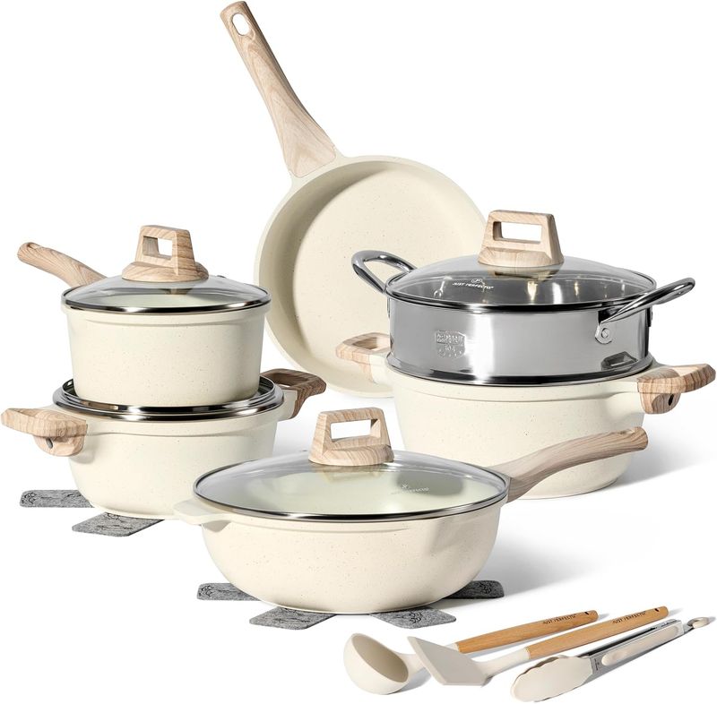 Just Perfecto JL-779: 15 Pieces Granite Cookware Set with Steamer - Biege