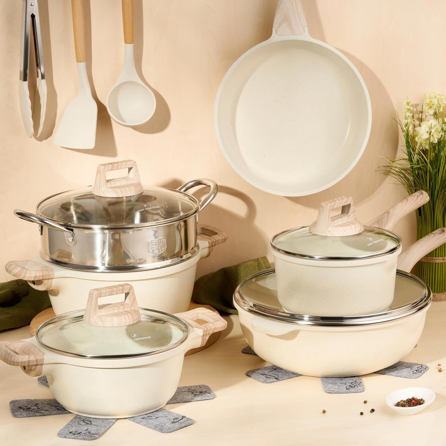 Just Perfecto JL-779: 15 Pieces Granite Cookware Set with Steamer - Biege