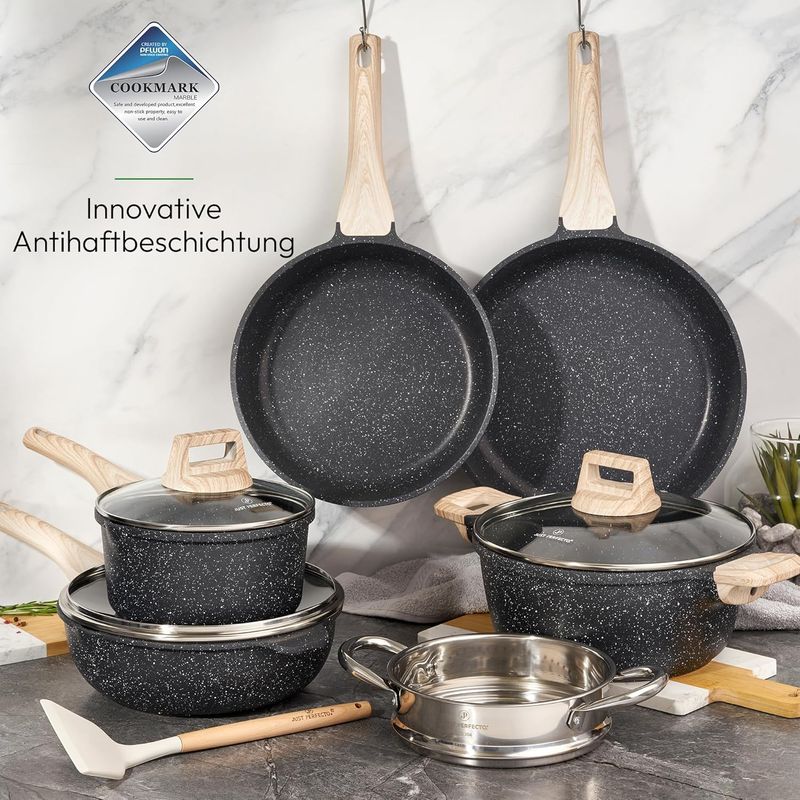 Just Perfecto JL-30: 14 Pieces Granite Cookware Set with Steamer - Black