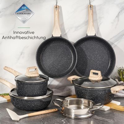 Just Perfecto JL-30: 14 Pieces Granite Cookware Set with Steamer - Black