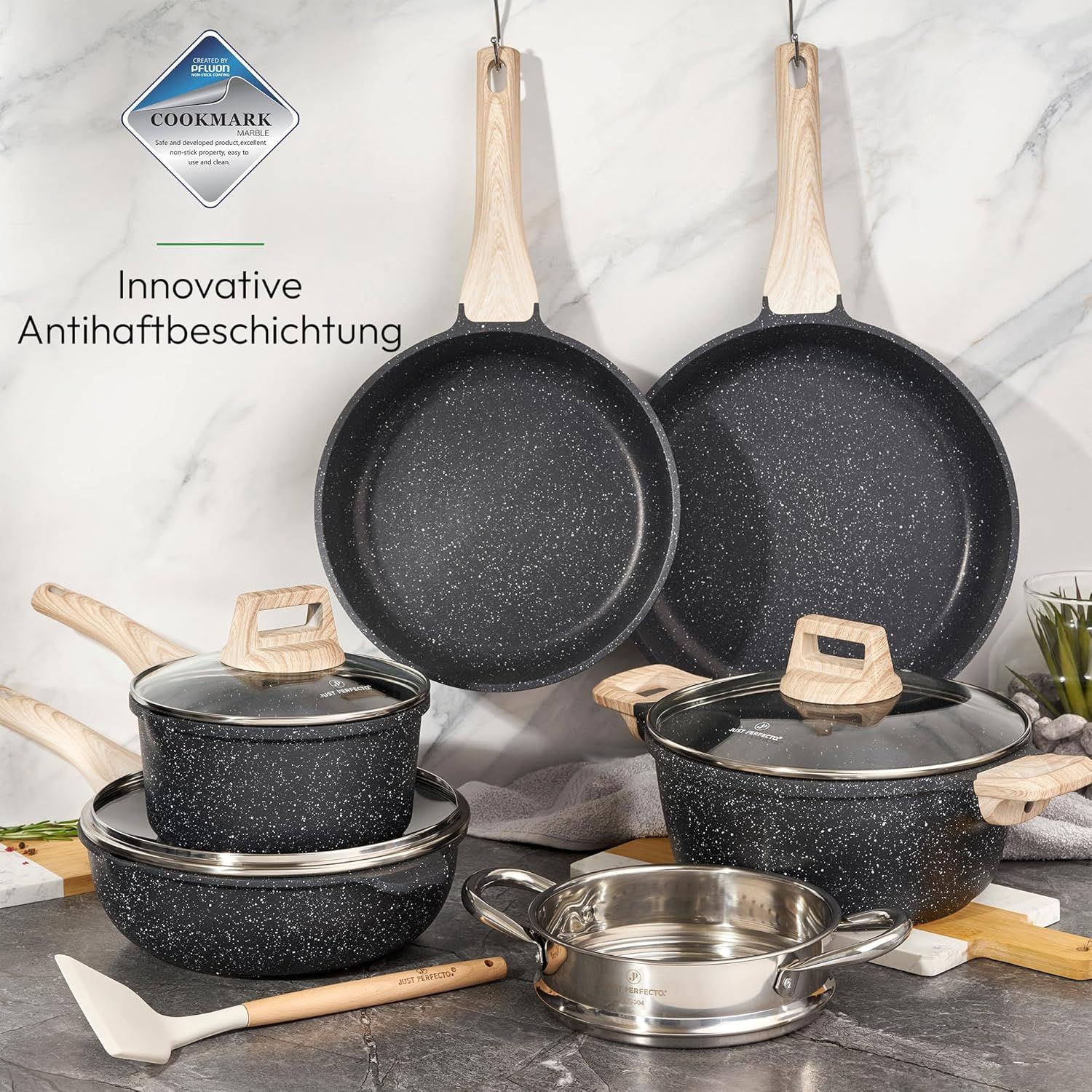 Just Perfecto JL-30: 14 Pieces Granite Cookware Set with Steamer - Black