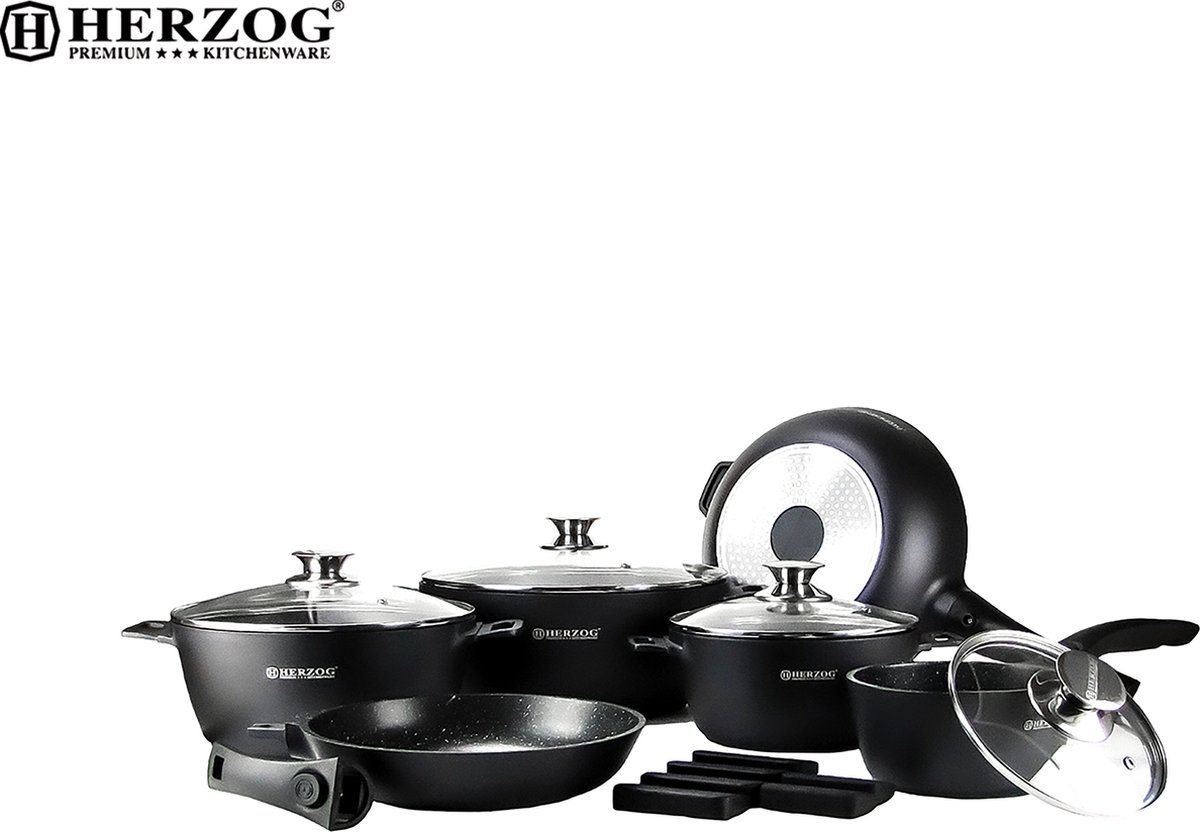 HERZOG 16STM-BK 16pcs Cookware Set – Cast Aluminium, Marble Coated, Induction Ready, Black