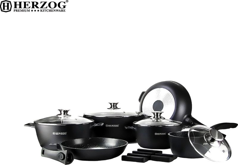 HERZOG 16STM-BK 16pcs Cookware Set – Cast Aluminium, Marble Coated, Induction Ready, Black