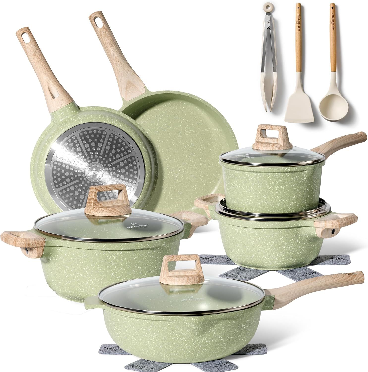 Just Perfecto JL-787: 15 Pieces Granite Cookware Set- Green