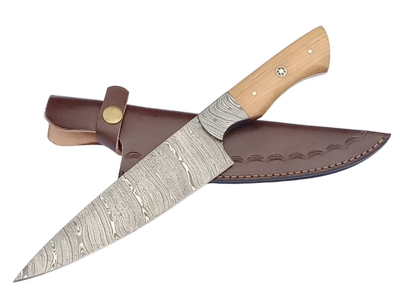 2 pcs, handmade, chef knife, damascus steel, olive wood handle, leather case SCZ-974