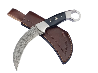 2 pcs, handmade, skinning knife, damascus steel, bull horn handle, leather case SCZ-907 2 pcs, handmade, skinning knife, damascus steel, bull horn handle, leather case SCZ-907