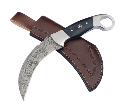 2 pcs, handmade, skinning knife, damascus steel, bull horn handle, leather case SCZ-907