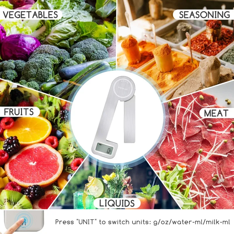 5Kg, foldable, digital scale, manual charging, save on batteries, stainless steel, Aigostar Nano