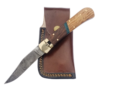 2 pcs, handmade, damascus steel knife, switchblade, leather case, SCZ-937-A