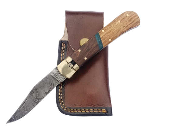2 pcs, handmade, damascus steel knife, switchblade, leather case, SCZ-937-A 2 pcs, handmade, damascus steel knife, switchblade, leather case, SCZ-937-A