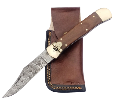 2 pcs, handmade, foldable knife, switchblade, damascus steel, leather case, SCZ-937-B