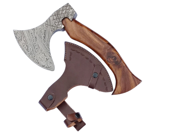 2 pcs, Axe, handmade, damascus steel, rosewood handle, leather case SCZ-966