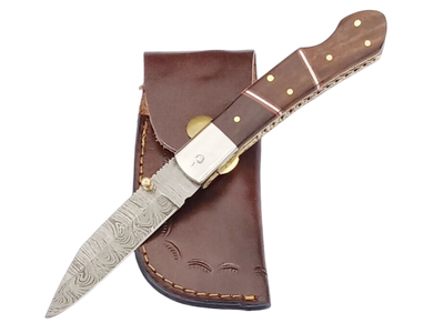 2 pcs, handmade, underlock folding knife, damascus steel, rosewood handle, leather case SCZ-958