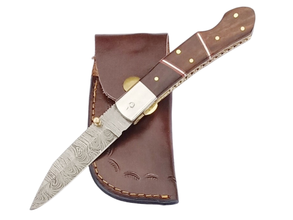 2 pcs, handmade, underlock folding knife, damascus steel, rosewood handle, leather case SCZ-958