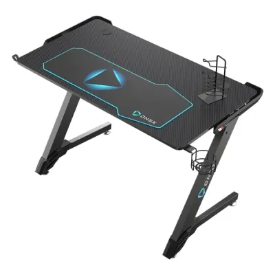 Gaming Desk, Full-Coverage Mouse-Pad, Cup-Holder, Controller Stand, Headset Hook, Black/Blue