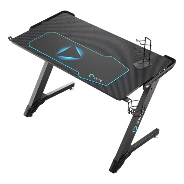 Gaming Desk, Full-Coverage Mouse-Pad, Cup-Holder, Controller Stand, Headset Hook, Black/Blue