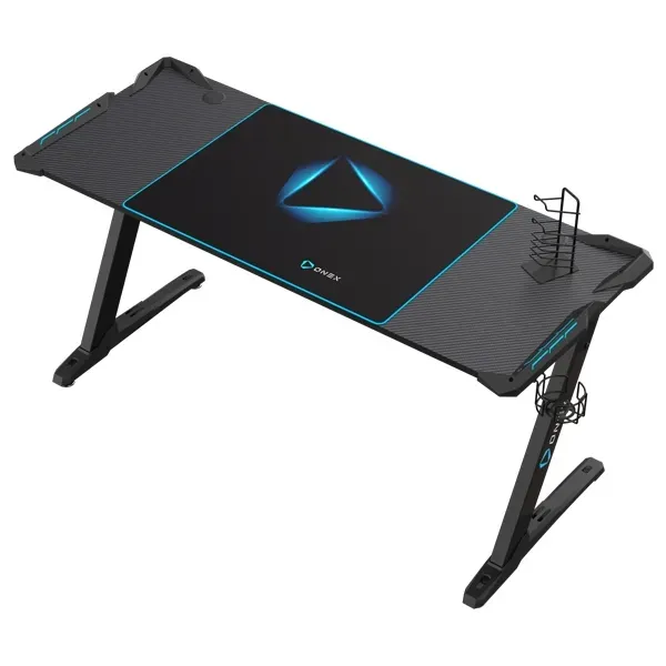 Gaming Desk, RGB LED Lighting, Cup-Holder, Headset Hook, Black/Blue, ONEX GD1600Z