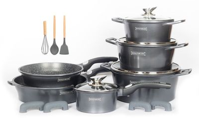 Royalty Line ES2014M 17-Piece Silver Marble Cookware Set - Die-Cast Aluminum Non-Stick Induction Oven Safe